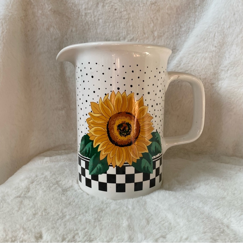 White Sunflower Ceramic Pitcher with Black Check Pattern